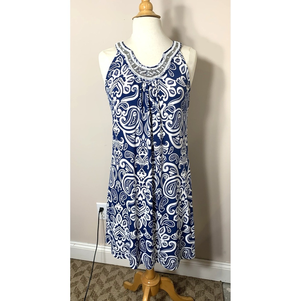 Apt 9 Trapeze Dress Womens Small Blue White Beaded Sleeveless Swing Paisley